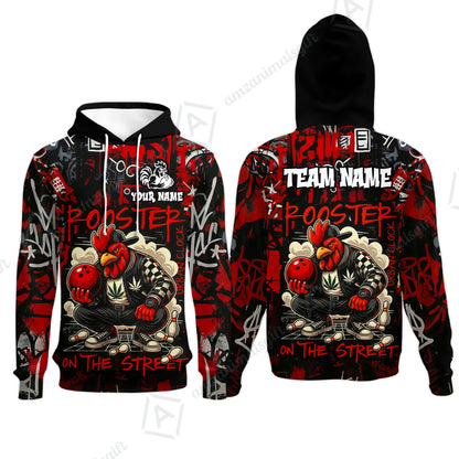 Customized Bowling Unisex Polo Shirt, Urban Streetwear Chicken Bowling Rooster On The Street, Personalized Name Team Name