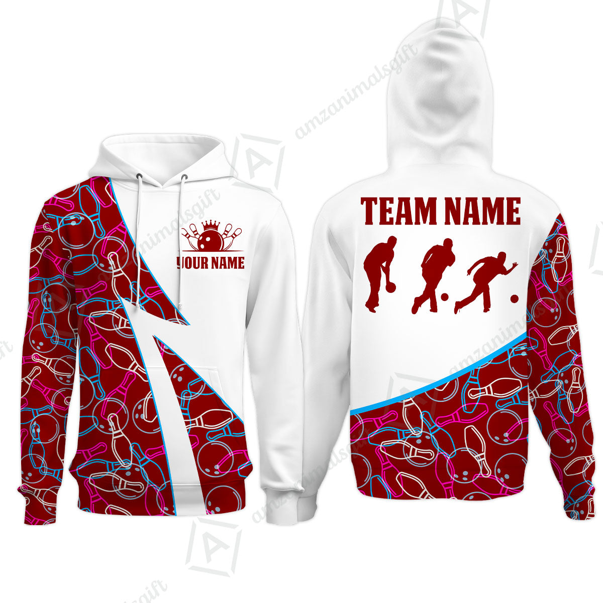 Custom Bowling Team Bowling Jersey, Neon Pattern Bowling Jersey With Player Silhouettes Multicolor Polo Quarter-Zip Shirts, Custom Bowling Uniforms Jerseys