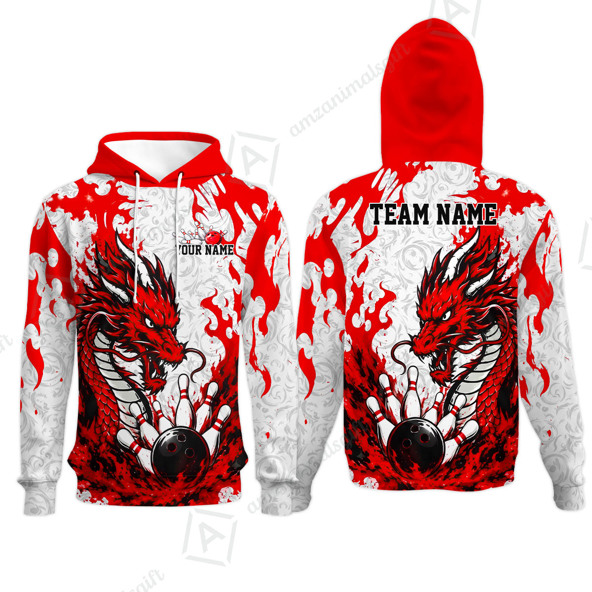 Custom Bowling Jersey Polo Shirt, Fierce Crimson Fire Dragon Strike, Custom Bowling Jersey Team Shirt For Players With Name and Team Name