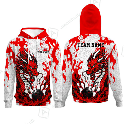 Custom Bowling Jersey Polo Shirt, Fierce Crimson Fire Dragon Strike, Custom Bowling Jersey Team Shirt For Players With Name and Team Name