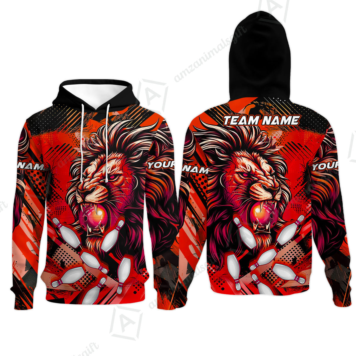 Custom Bowling Team Jerseys Shirts, Bowling uniforms Ball & Pins Lion Pattern Personalized Name And Team Name