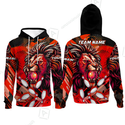 Custom Bowling Team Jerseys Shirts, Bowling uniforms Ball & Pins Lion Pattern Personalized Name And Team Name