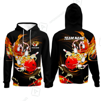Customized Bowling Hoodie, Bowling Ball & Pins Breath Of Thunder Flame Multicolor Option, Perfect Outfit For Bowlers