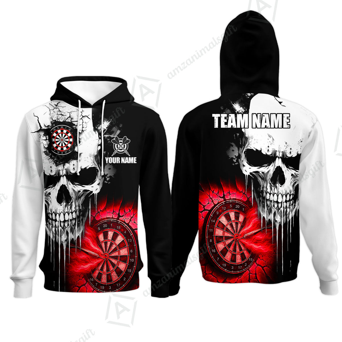 Custom Grunge Skull Crack Wall Darts Team Hoodie, Customized Name Team Name Darts Polo Team Jerseys Uniform