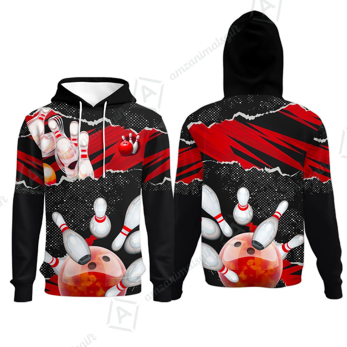 Personalized Bowling Hoodie, Bowling Uniforms Ball & Pins Sport Pattern Custom Name And Team Name For Bowlers