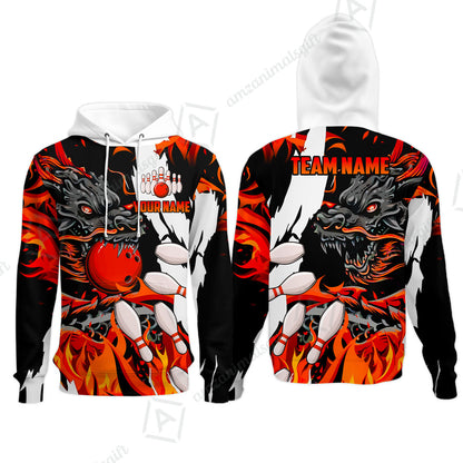 Custom Bowling Team Hoodie, Bowling uniforms Ball & Pins Dragon Flame Pattern Personalized Name And Team Name