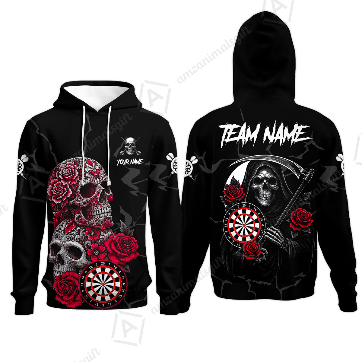 Customized Darts Hoodie, Darts Turquoise Skull Roses Dartboard Hoodie Style Jersey for Darts Players