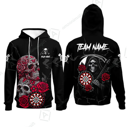 Customized Darts Hoodie, Darts Turquoise Skull Roses Dartboard Hoodie Style Jersey for Darts Players
