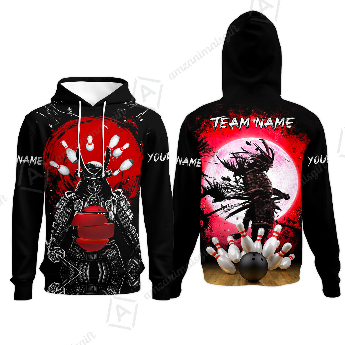 Custom Bowling Team Jerseys Polo Shirts, Bowling uniforms Ball And Pins Samurai Multicolor Options Personalized Name And Team Name