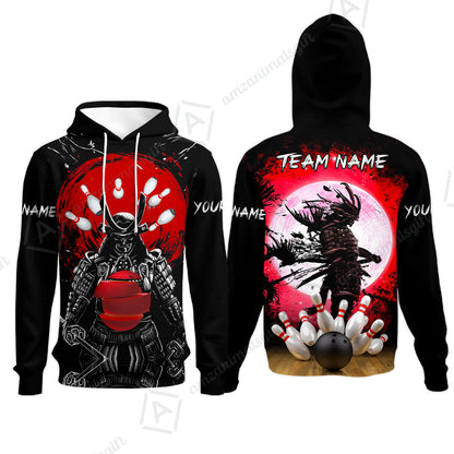 Custom Bowling Team Jerseys Polo Shirts, Bowling uniforms Ball And Pins Samurai Multicolor Options Personalized Name And Team Name