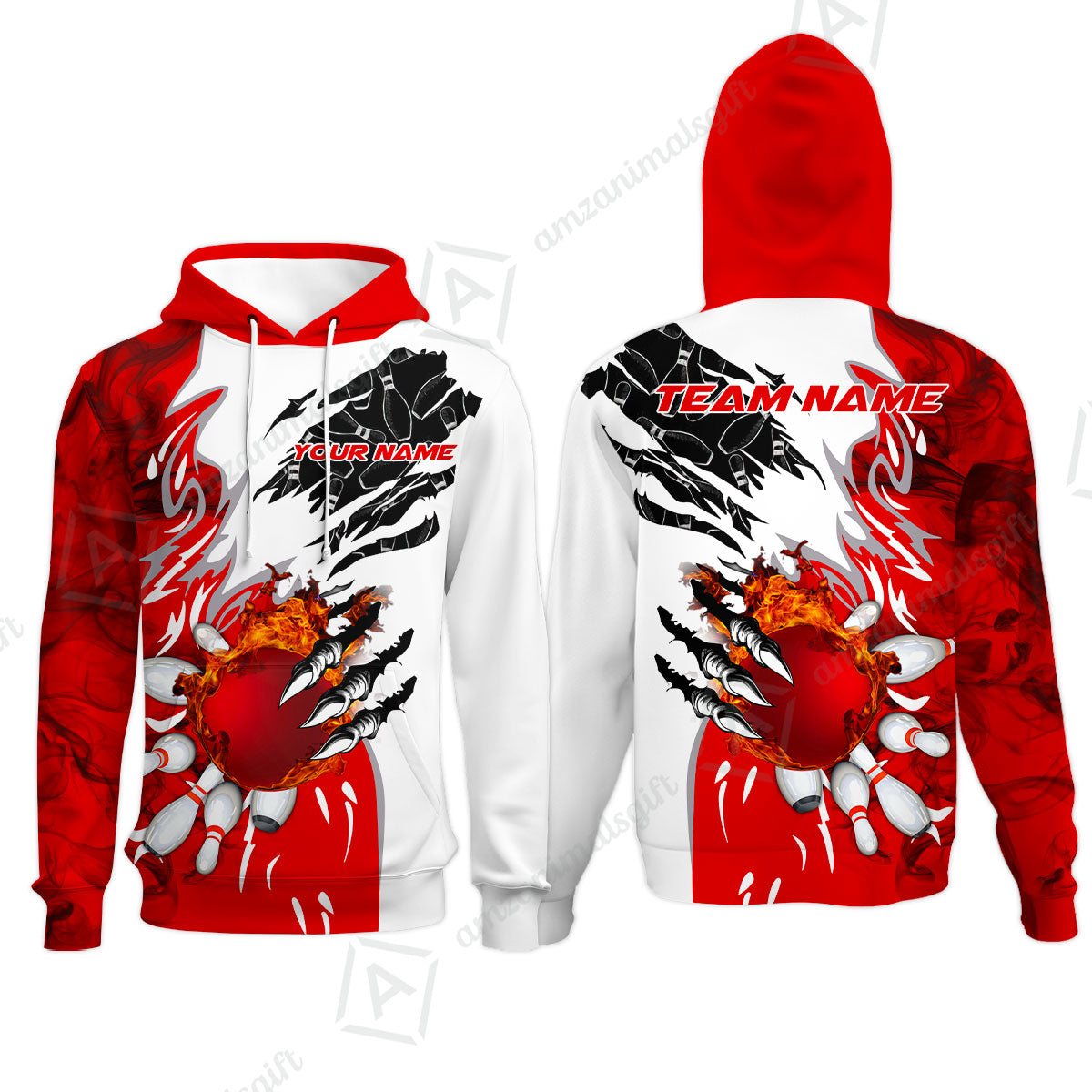 Customized Bowling Hoodie, Bowling And Pins Plame Monster Hand Premium Multicolor Option Personalized Name And Team Zipper Polo Jerseys Shirts