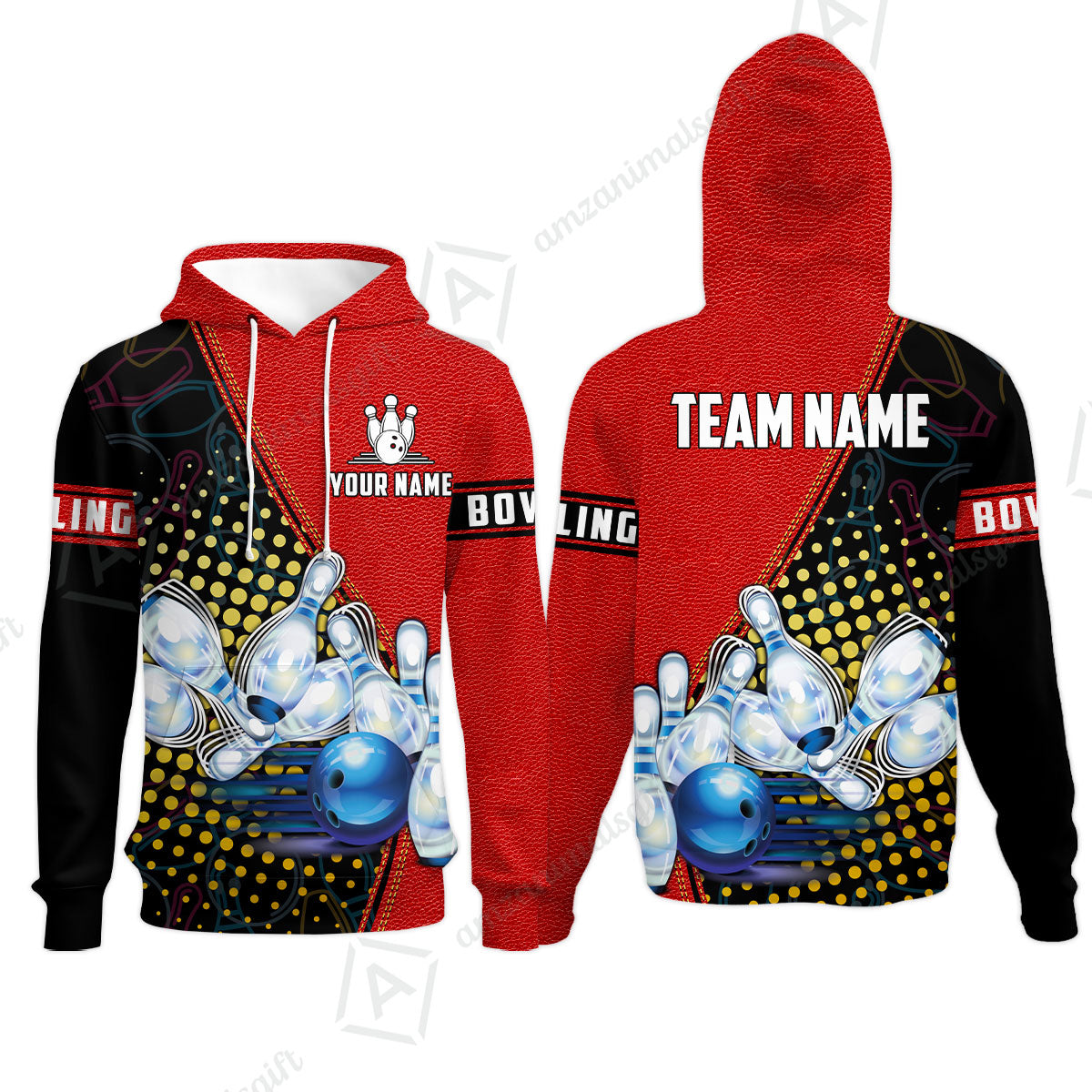 Custom Bowling Hoodie - Black And Blue Bowling Ball Pattern Personalized Name Hoodie