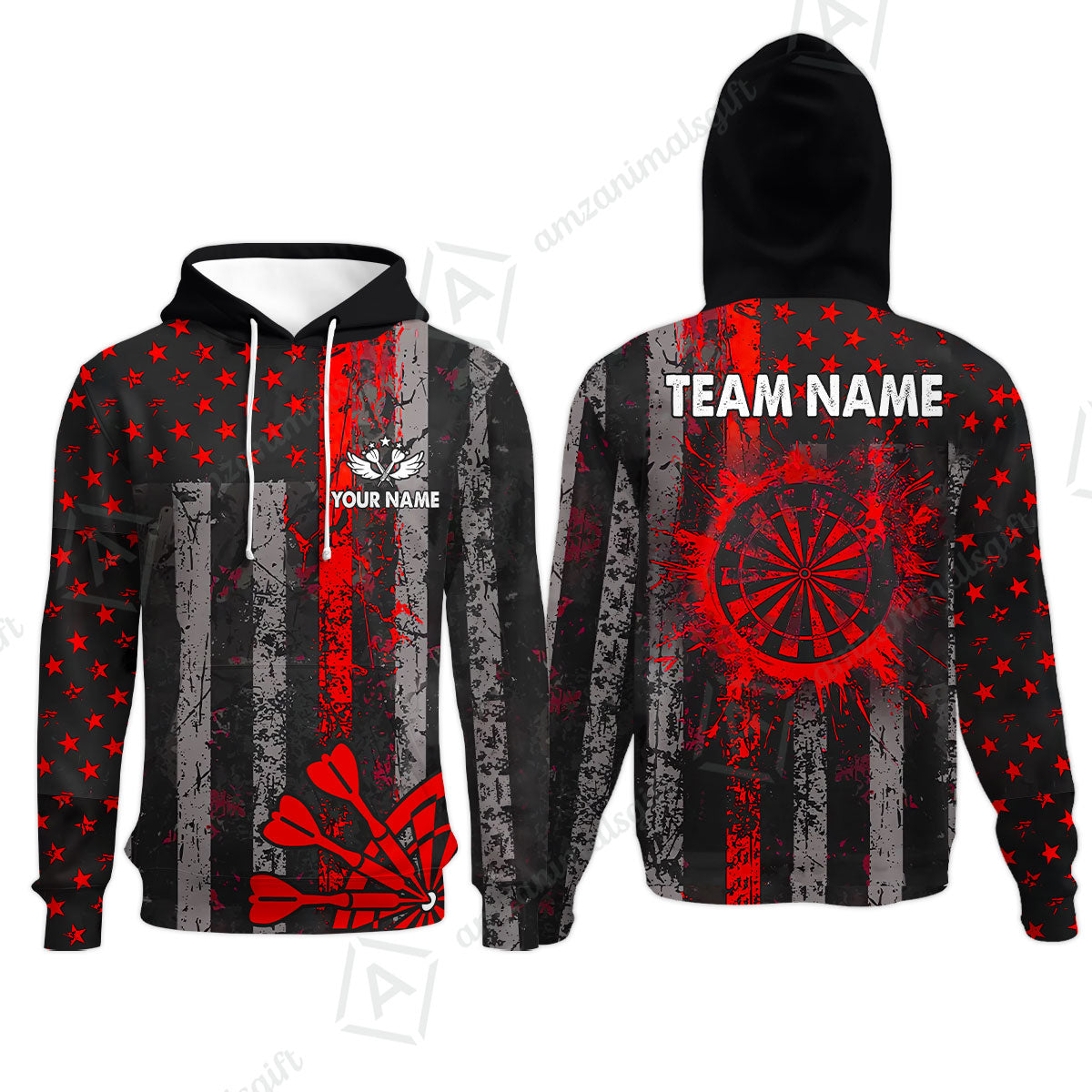 Customized Darts Hoodie, Turquoise Grunge US Flag Patriotic Darts Hoodie Jersey for Darts Players