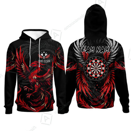 Custom Darts Team Hoodie, Phoenix Dartboard Wings Darts Jersey Hoodie, Custom Name And Team Name Darts Uniforms Jersey