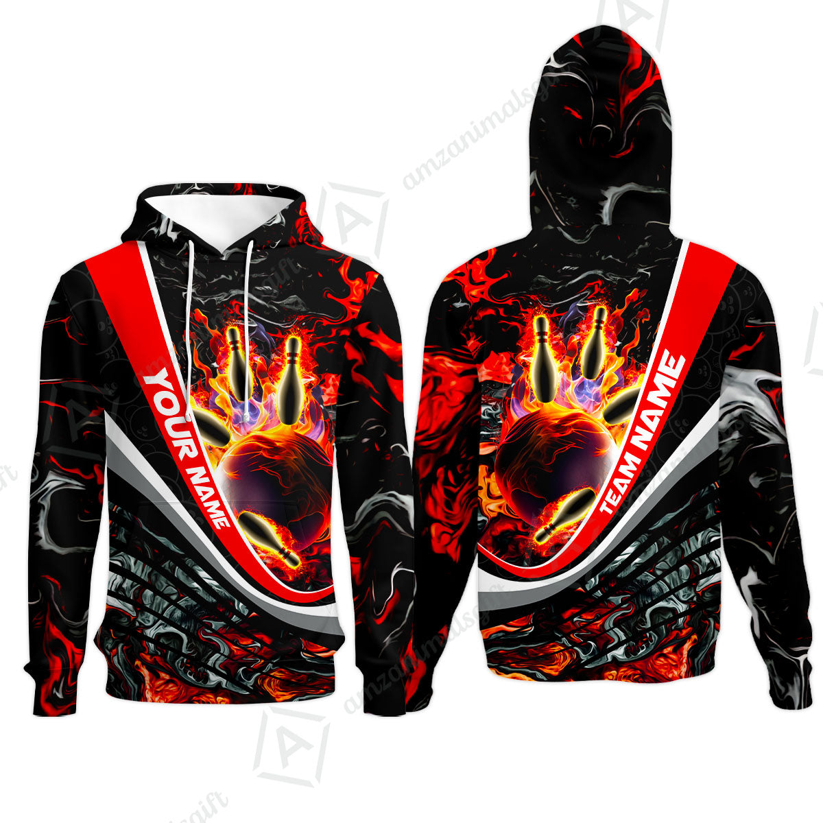 Customized Bowling Polo, Flaming Magma Bowling And Pins Multicolor Option Customized Name Team Name For Bowling Team Shirts