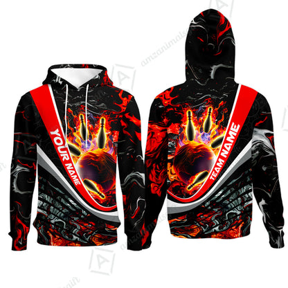 Customized Bowling Polo, Flaming Magma Bowling And Pins Multicolor Option Customized Name Team Name For Bowling Team Shirts