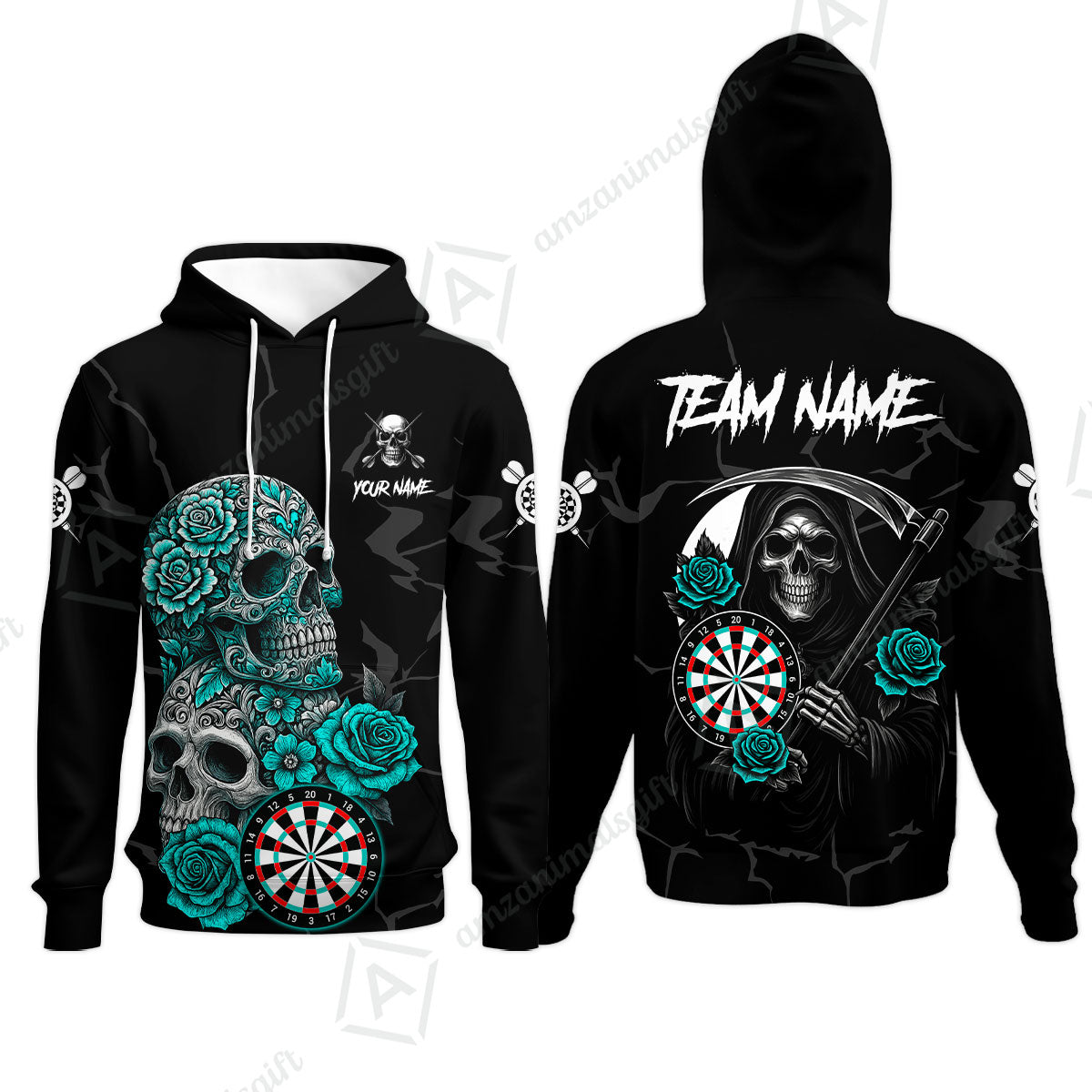 Customized Darts Hoodie, Darts Turquoise Skull Roses Dartboard Hoodie Style Jersey for Darts Players