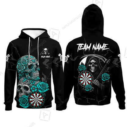 Customized Darts Hoodie, Darts Turquoise Skull Roses Dartboard Hoodie Style Jersey for Darts Players