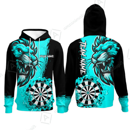 Custom Turquoise Funny Darts Team Unisex Polo Shirts, Darts uniforms Flame Lion Pattern Personalized Name And Team Name
