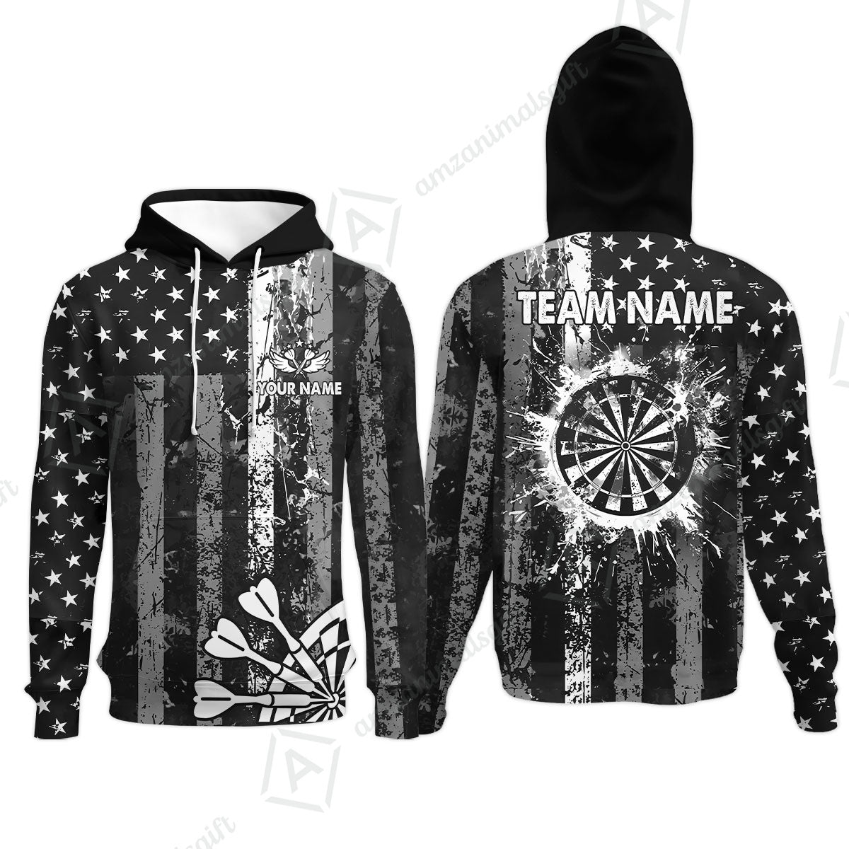 Customized Darts Hoodie, Turquoise Grunge US Flag Patriotic Darts Hoodie Jersey for Darts Players