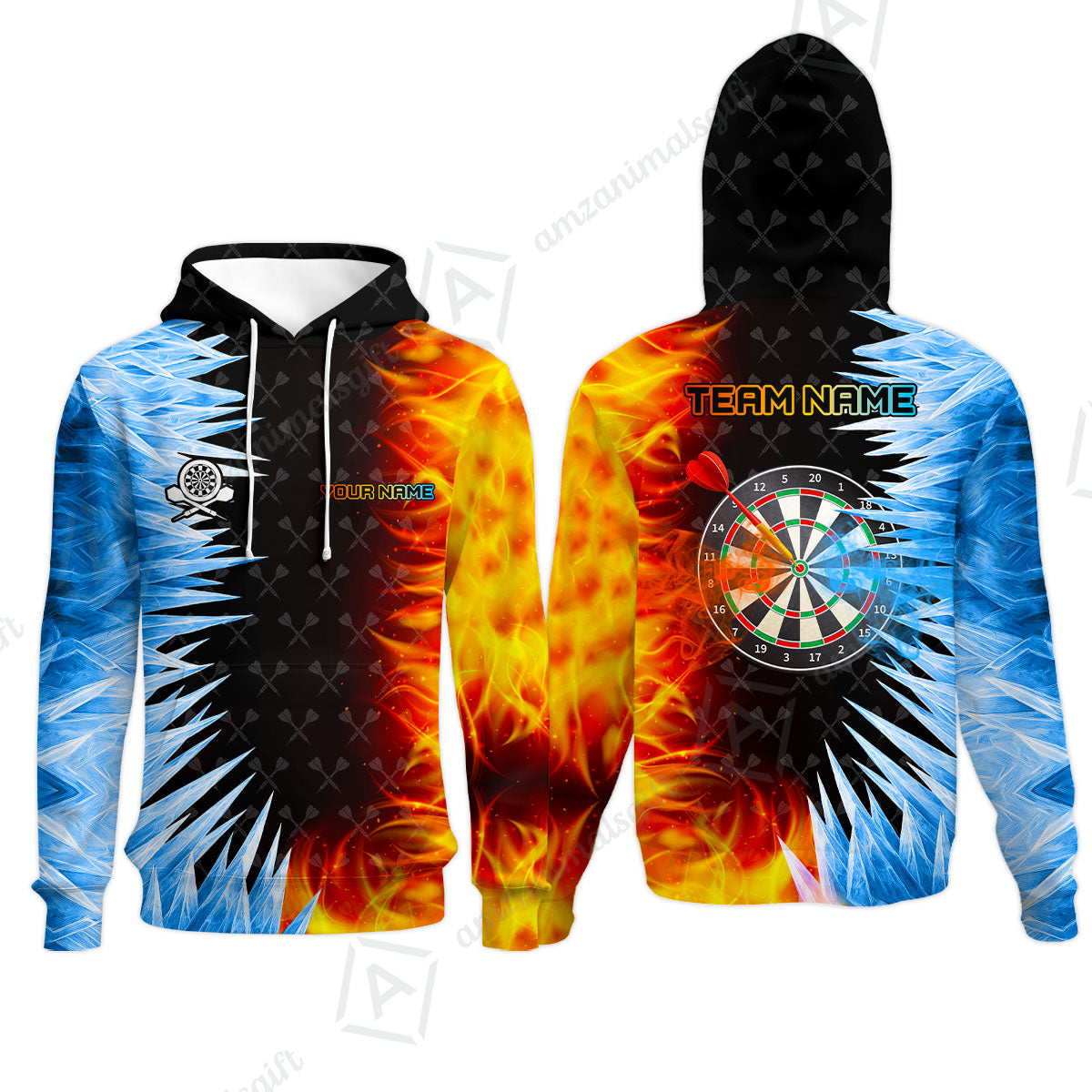Customized Darts Hoodie, Darts Dartboard Ice And Fire Multicolor Hoodie Jersey For Darts Players