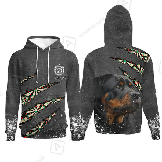 Rottweiler And Darts Custom Name Hoodie, Darts Paint Splash Personalized Hoodie - Gift For Darts Lover, Team, Dog Lover