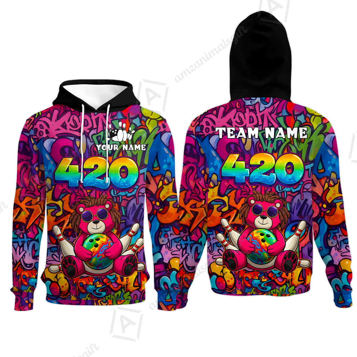 Custom Bowling Jersey Polo Shirt, 420 Graffiti Stoner Bear Colorful Street Art, Custom Bowling Jersey Team Shirt For Players With Name & Team Name