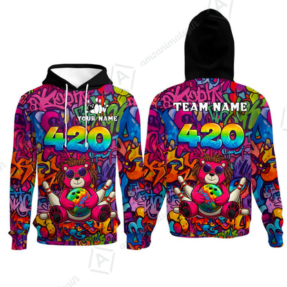 Custom Bowling Jersey Polo Shirt, 420 Graffiti Stoner Bear Colorful Street Art, Custom Bowling Jersey Team Shirt For Players With Name & Team Name