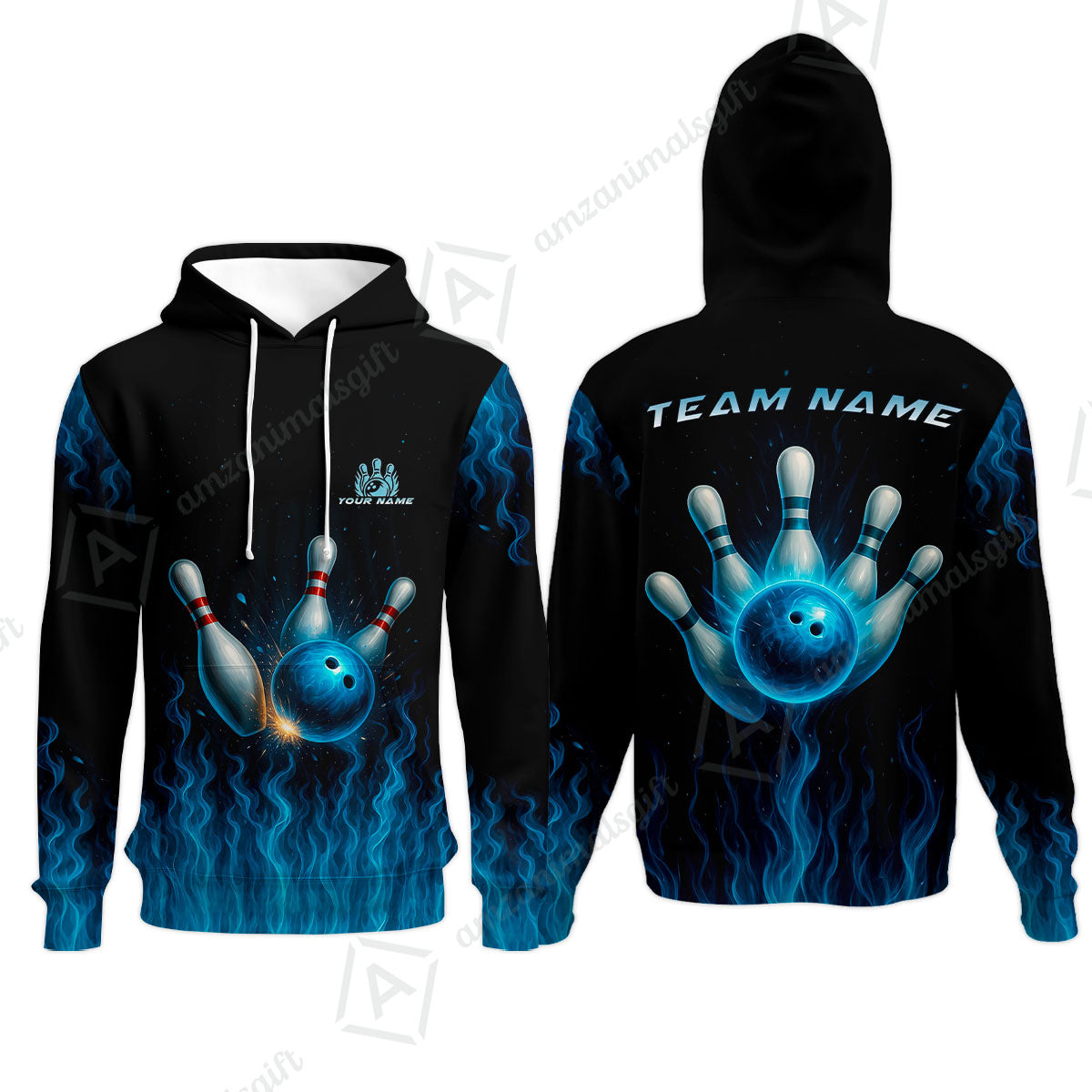 Customized Bowling Hoodie, Intense Blue Flame Strike Hoodie For Bowling Team, Bowlers