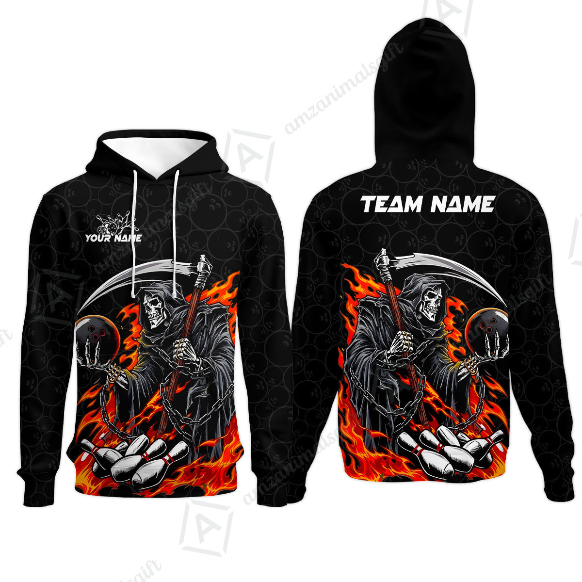 Custom Bowling Jersey Polo Shirt, Grim Reaper Holding Ball, Personalize Name and Team Name