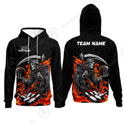 Custom Bowling Jersey Polo Shirt, Grim Reaper Holding Ball, Personalize Name and Team Name