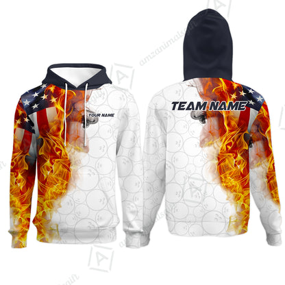 Custom Bowling Jersey Polo Shirt, Flaming USA Flag Graphic Bowling, Custom Bowling Jersey Team Shirt For Players With Name & Team Name