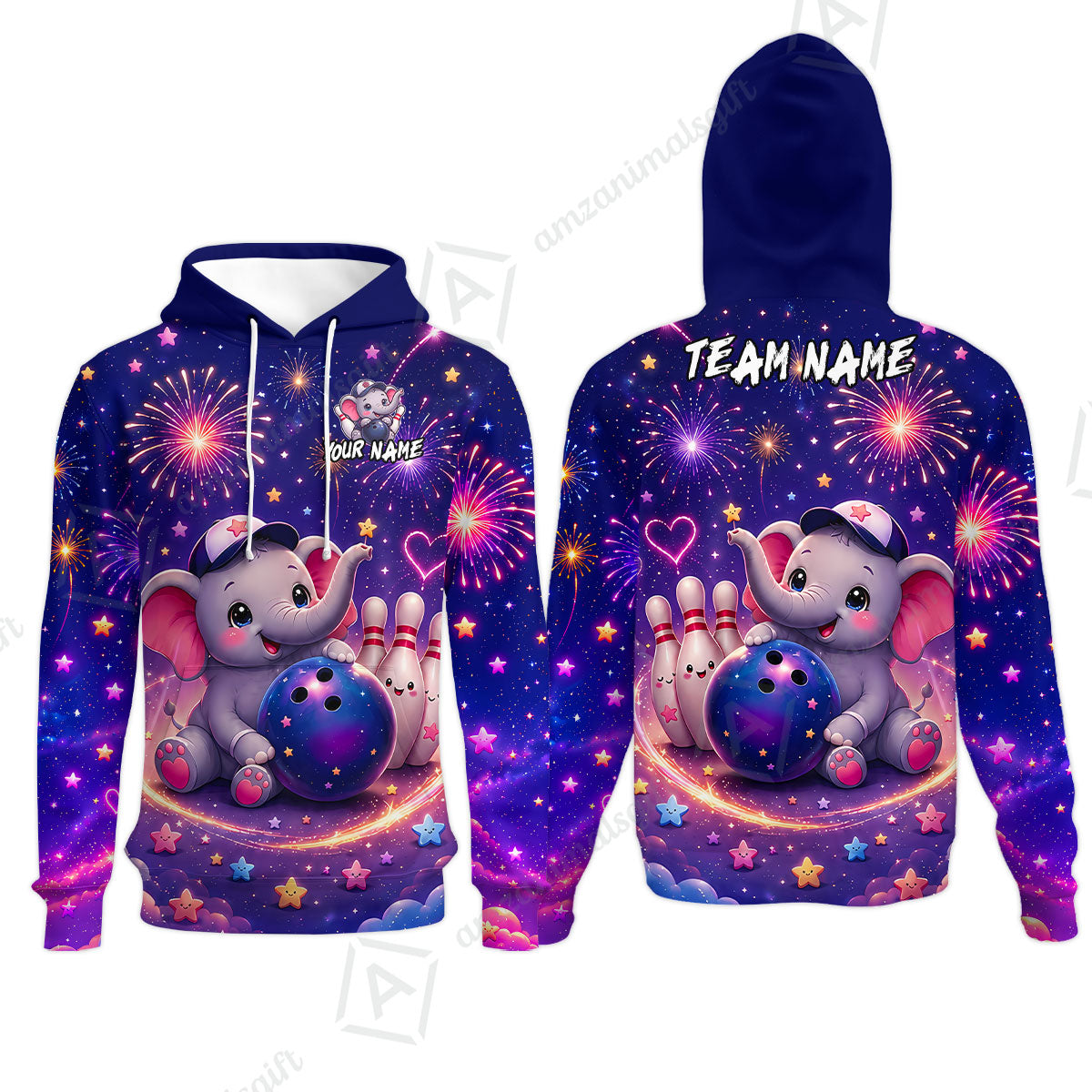 Custom Bowling Jersey Polo Shirt, Cute Elephant Holding Ball, Personalize Name and Team Name