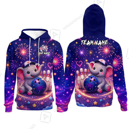 Custom Bowling Jersey Polo Shirt, Cute Elephant Holding Ball, Personalize Name and Team Name