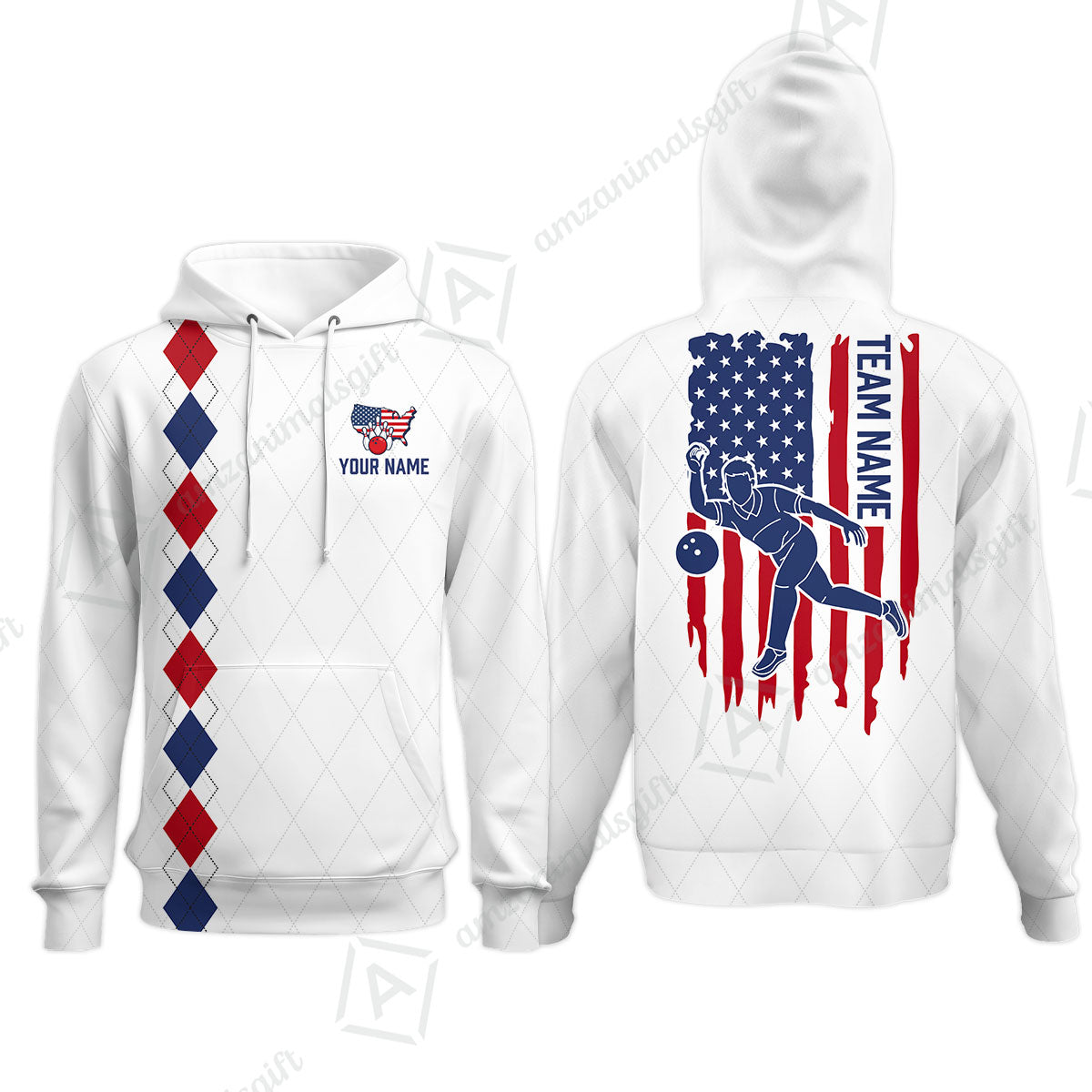 Custom Bowling Jersey Polo Shirt, Patriotic Argyle USA Flag Bowler, Custom Bowling Jersey Team Shirt For Players With Name & Team Name