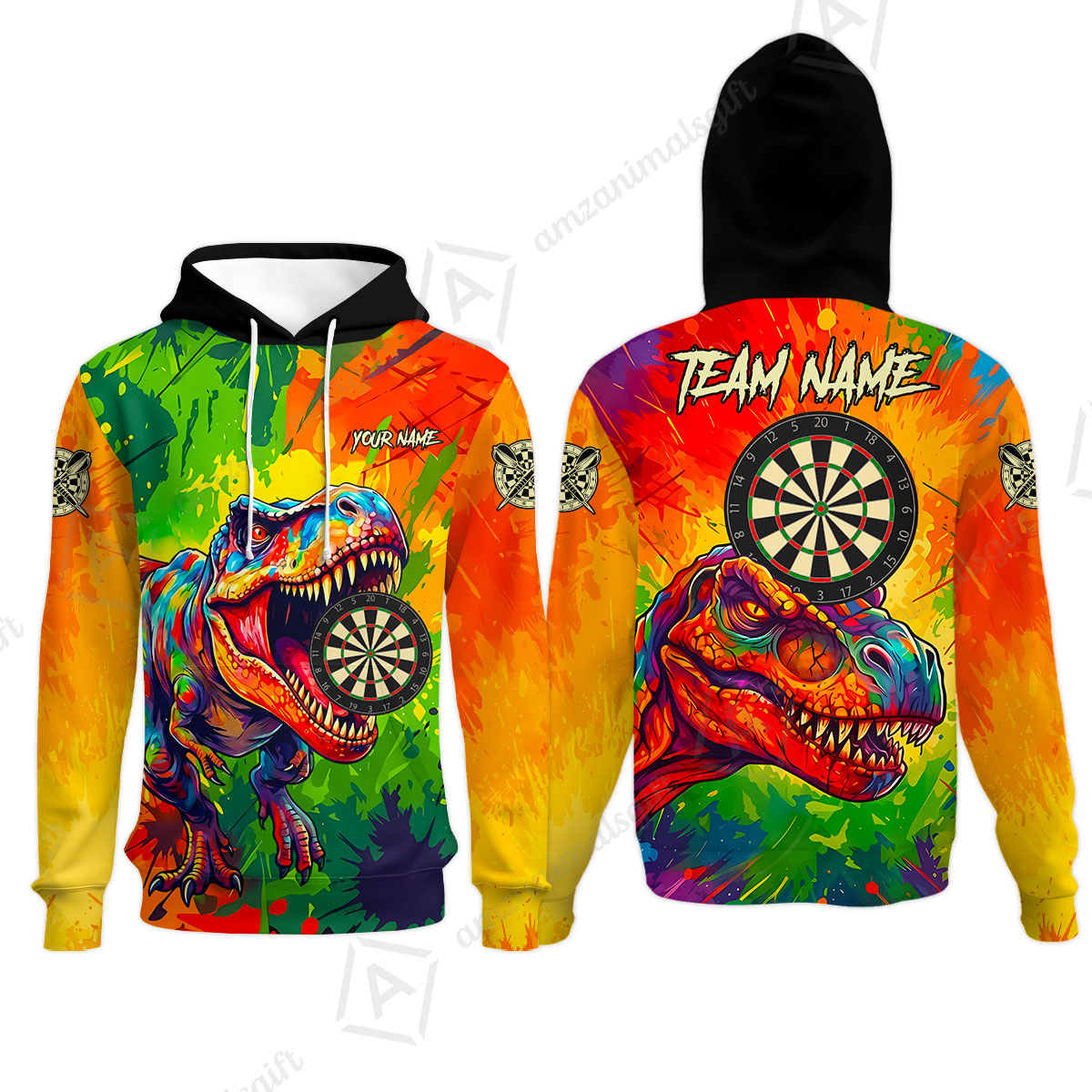 Custom Darts Jersey Polo Shirt, Colorful Splatter T-Rex Dino, Custom Dart Jersey Team Shirt For Players With Name & Team Name
