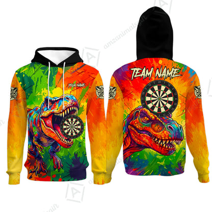 Custom Darts Jersey Polo Shirt, Colorful Splatter T-Rex Dino, Custom Dart Jersey Team Shirt For Players With Name & Team Name
