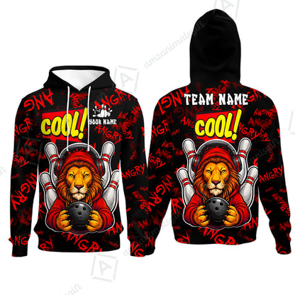 Custom Bowling Jersey Polo Shirt, Cool Lion Holding Ball, Personalize Name and Team Name