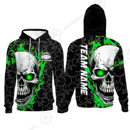 Personalized Bowling Unisex Polo Shirt, Green Flaming Skull Shirt For For Team Men Women Bowlers