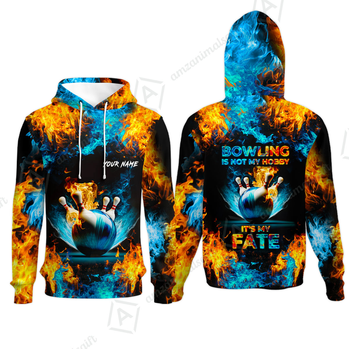 Bowling Custom Zip Polo Shirt - Custom Name Blue Bowling Ball And Pins On Fire Personalized Bowling Zip Polo Shirt