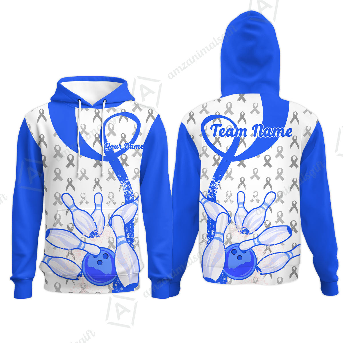 Custom Bowling Team Shirt, Blue Ribbon and Bowling Pins Explosion Shirt, Personalized Team & Player Bowling Jersey
