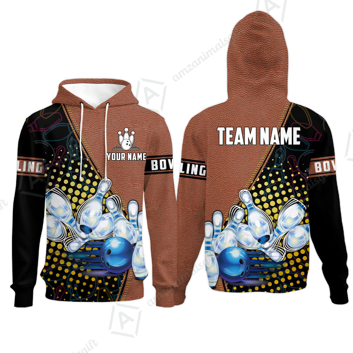 Custom Bowling Hoodie - Black And Blue Bowling Ball Pattern Personalized Name Hoodie