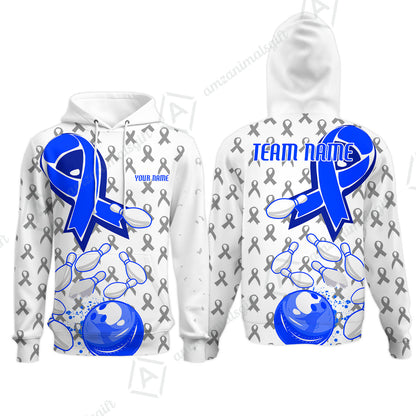 Custom Bowling Team Uniform Shirts, Blue Ribbon & Bowling Pins Strike Graphic Shirt, Personalized Team & Player Jersey