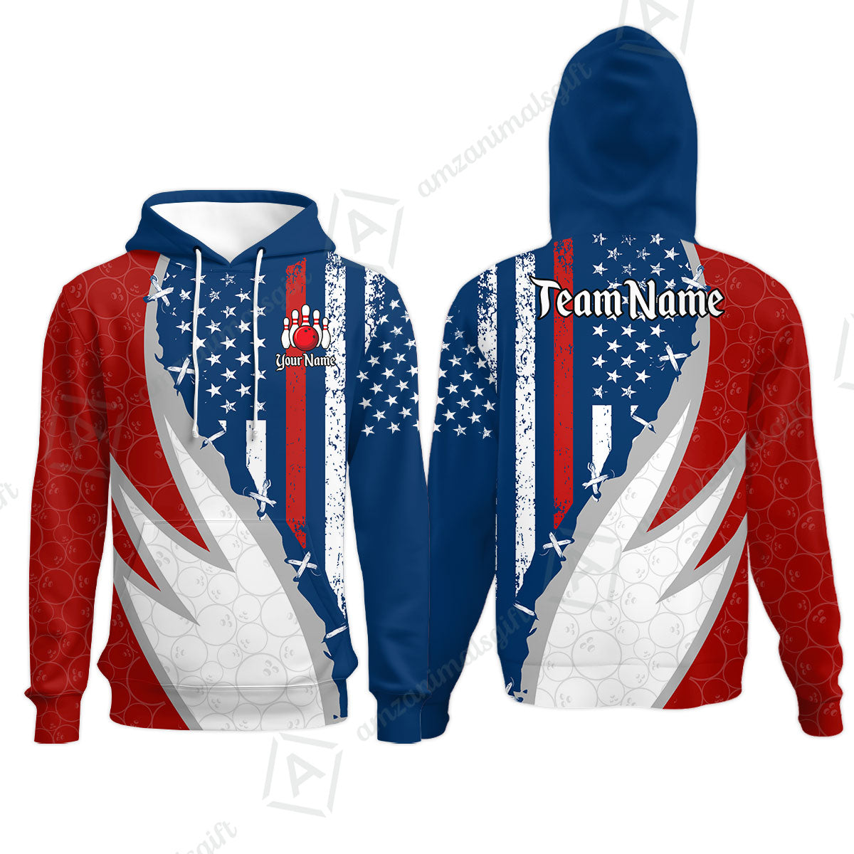 Custom Bowling Jersey Polo Shirt, Thin Red Line With Vintage Distressed American Flag, Personalize Name and Team Name