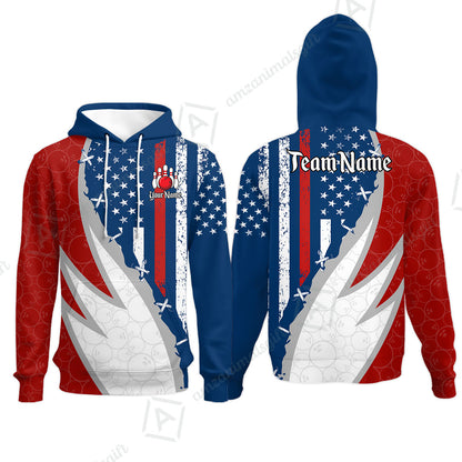 Custom Bowling Jersey Polo Shirt, Thin Red Line With Vintage Distressed American Flag, Personalize Name and Team Name
