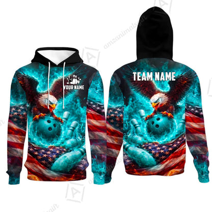 Custom Bowling Jersey Polo Shirt, Patriotic Blue Fire Eagle, Custom Bowling Jersey Team Shirt For Players With Name and Team Name