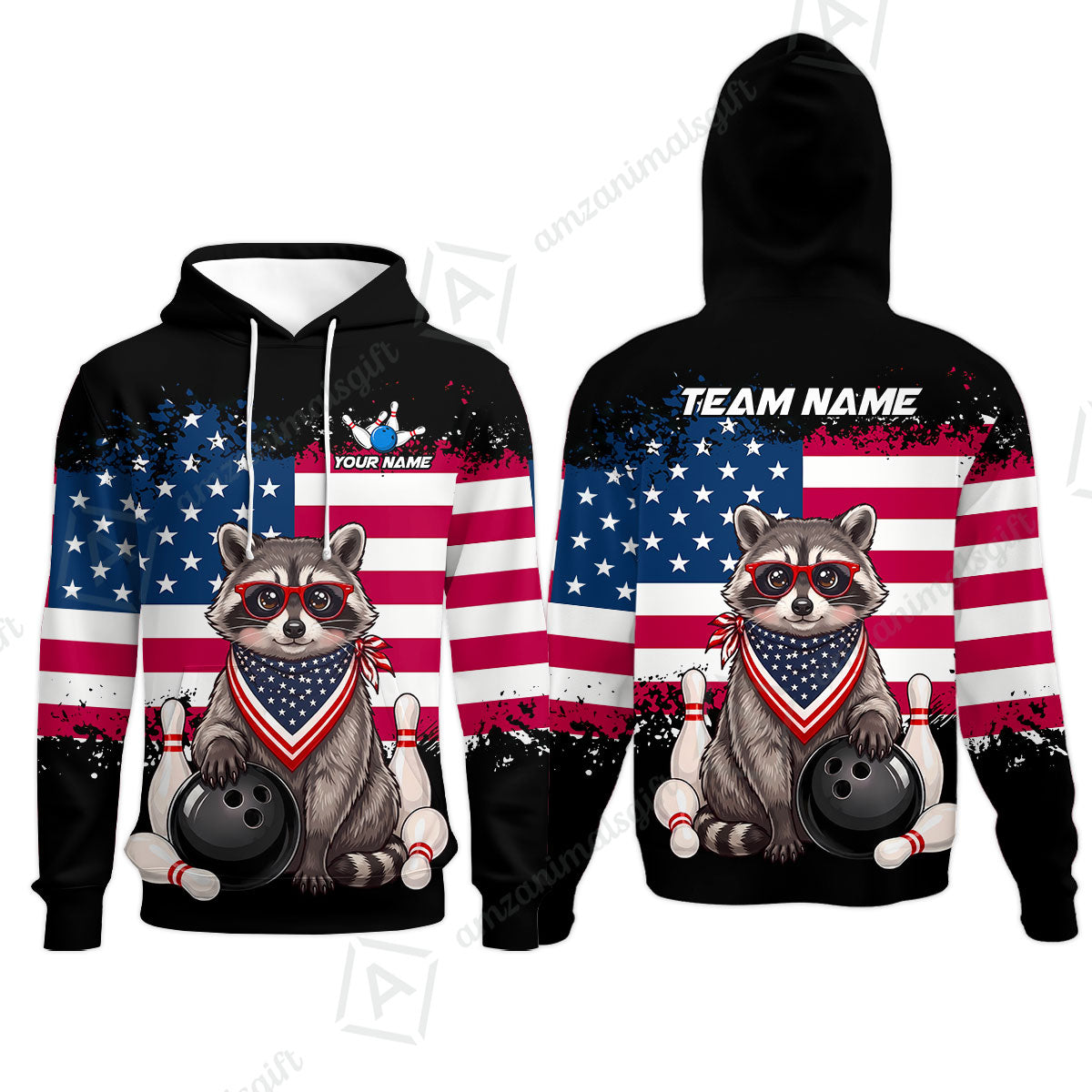Custom Bowling Jersey Polo Shirt, Animal With Glasses And Bandana America Flag, Personalize Name & Team Name