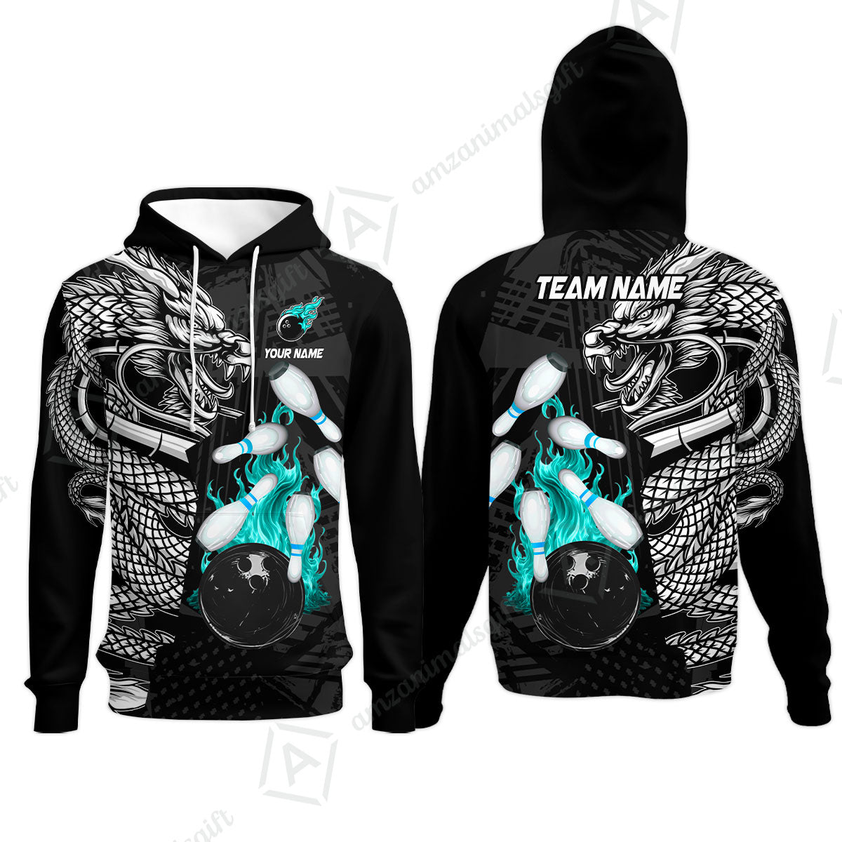 Custom Bowling Team Jerseys Polo Shirts, Bowling uniforms Bowling & Pins Dragon Flame Fire Multicolor Options Personalized Name And Team Name