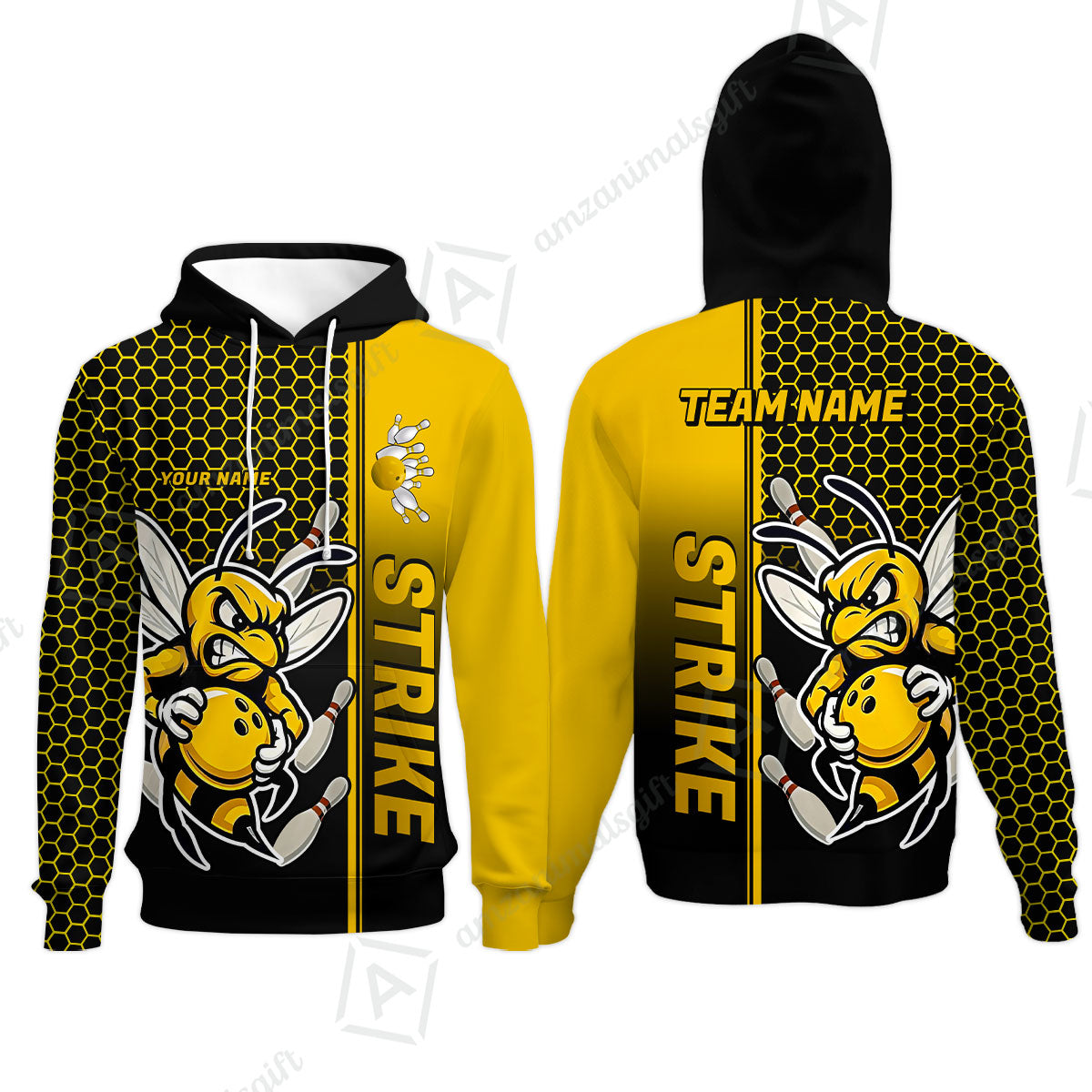 Custom Bowling Team Jersey, Bowling Honeycomb Angry Bee Strike Polo Quarter-Zip Shirts, Bowling Uniforms Jerseys, Personalized Name And Team Name