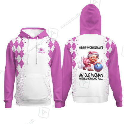 Custom Bowling Jersey Polo Shirt, Never Underestimate An Old Woman With A Bowling Ball, Personalized Name & Team Name